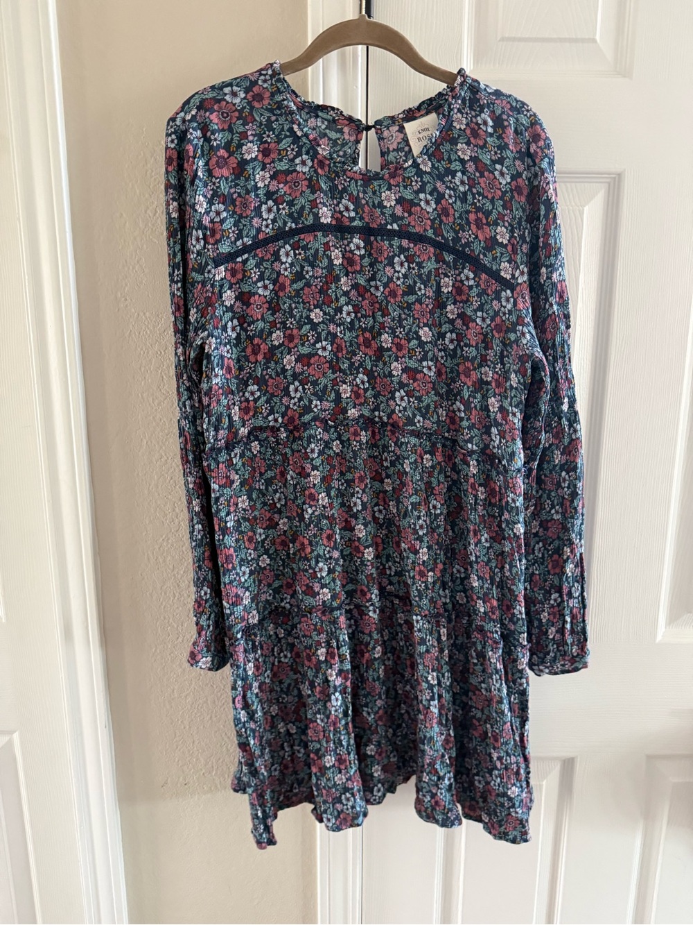 Navy Floral Long-Sleeve Tiered Dress